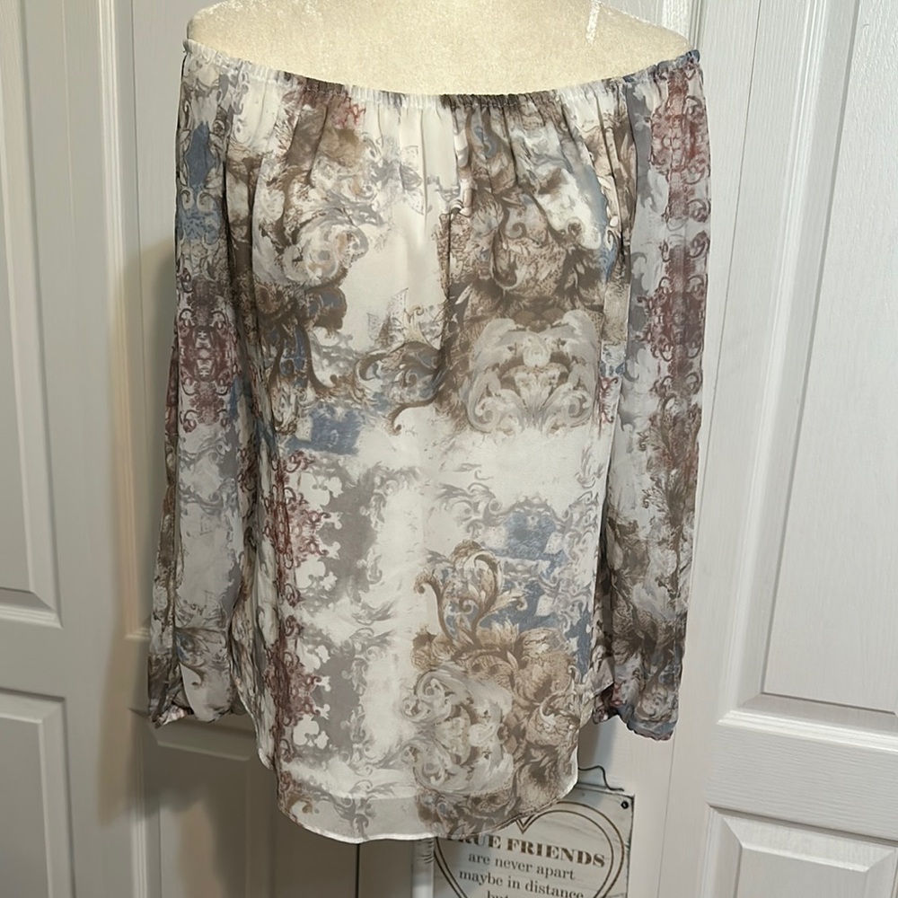 Joseph Ribkoff Tan and Blue Relaxed Off-the-Shoulder Blouse